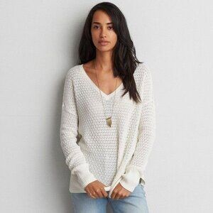 American Eagle Outfitters Off-White Oversized V-Neck Sweater Pullover Medium
